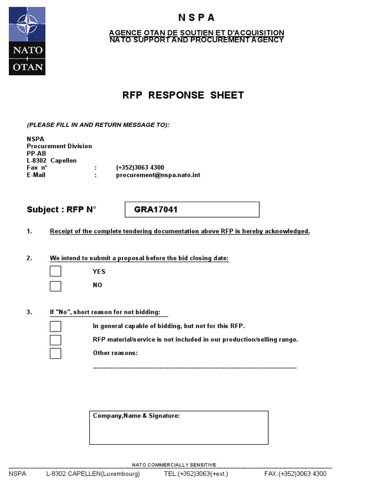 NSPA RFP Response Submission Sheet | PDF | Finance & Money Management