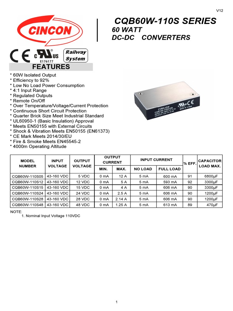 CQB60W-110S SERIES: 60 Watt DC-DC Converters | PDF | Capacitor ...