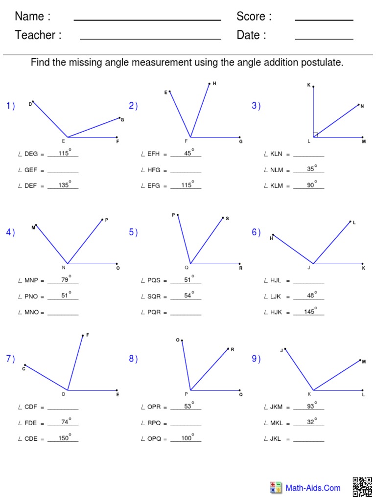 Missing Angles with Addition Postulate | PDF | Teaching Mathematics