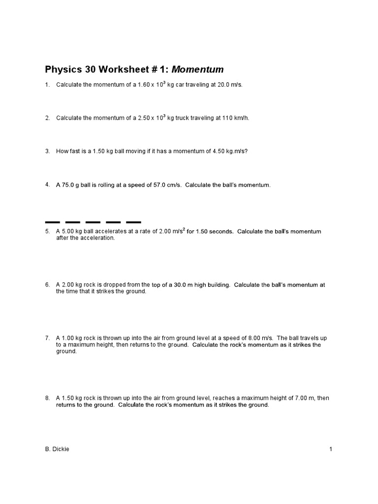 Physics 30: Momentum and Impulse Worksheet | PDF