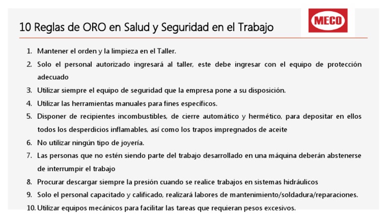 10 Reglas de ORO en Salud y Seguridad Taller | PDF