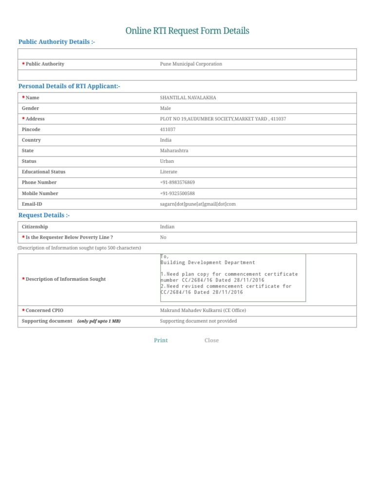 RTI Request Form for Pune Municipal Corp | PDF