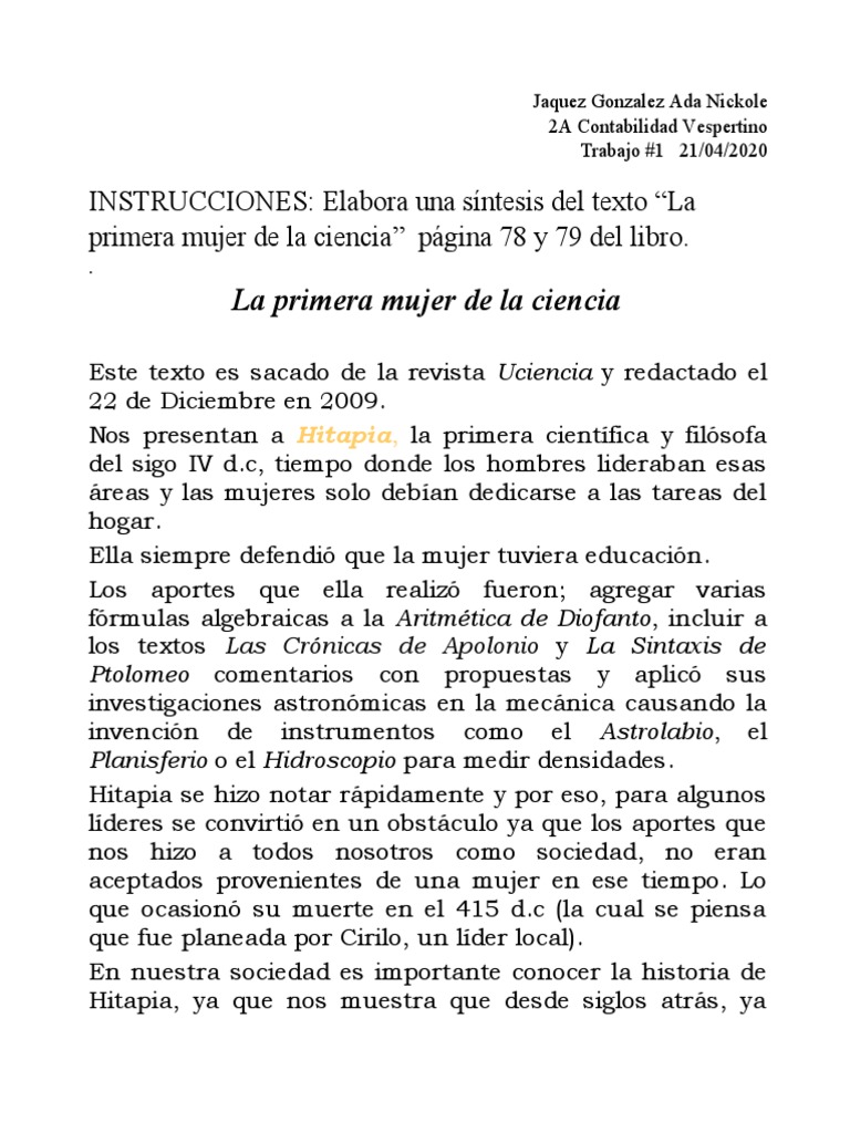 Sintesis De La Primera Mujer De La Ciencia PDF