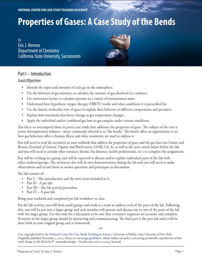 Properties of Gases A Case Study of The Bends PDF Gases Scuba Diving