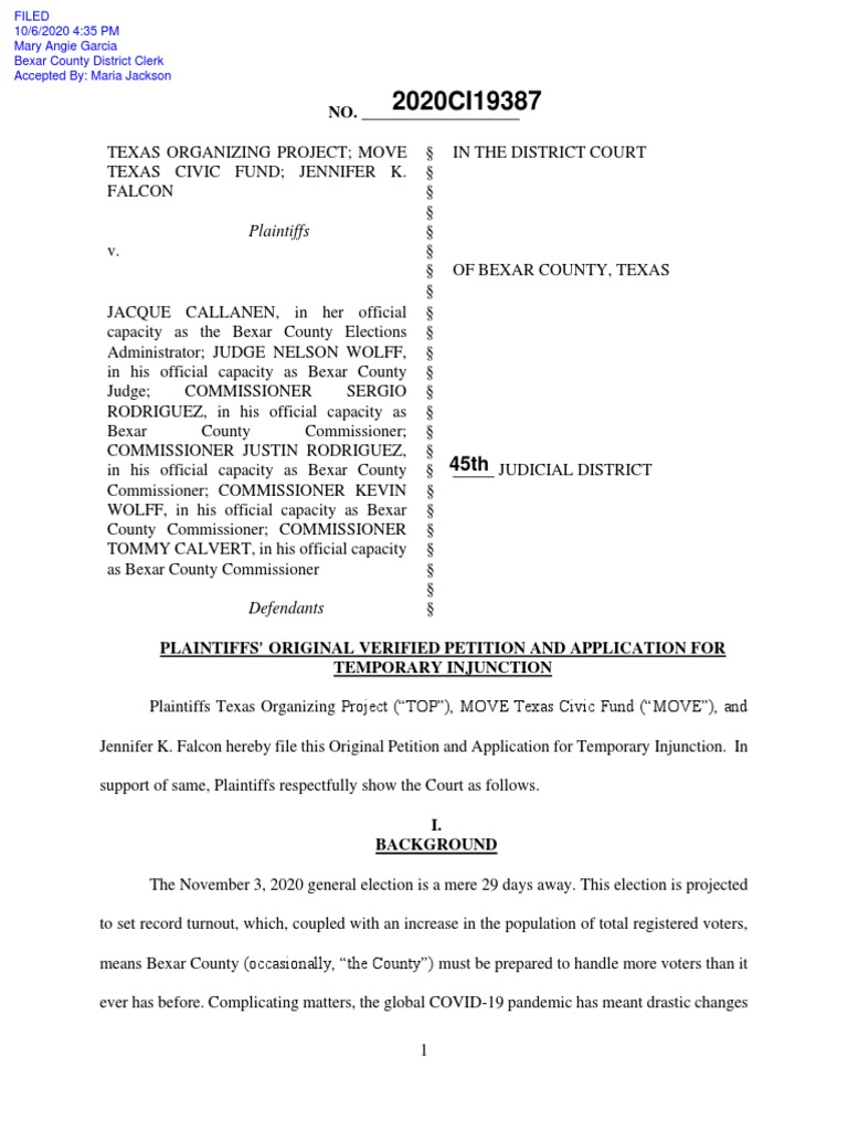 Final) 2020.10.06 Bexar County Petition | PDF | Polling Place | Voter  Turnout