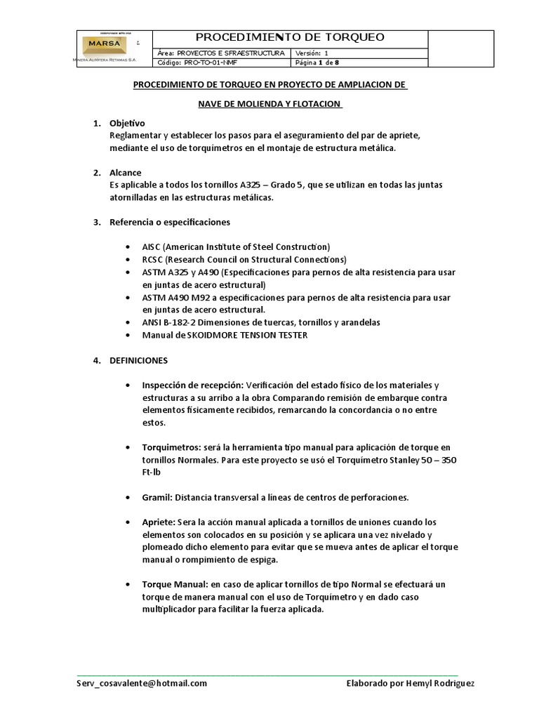 Procedimiento de Torqueo | PDF | Tornillo | Estrés (Mecánica)