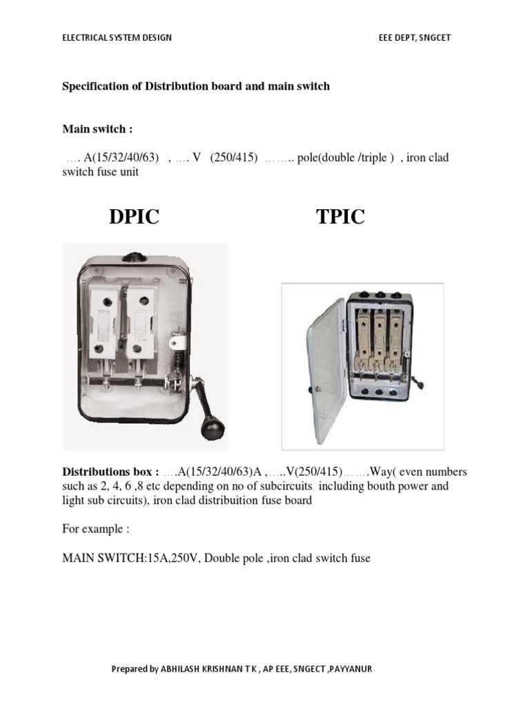 Dpic Tpic Specification of Distribution Board and Main Switch PDF