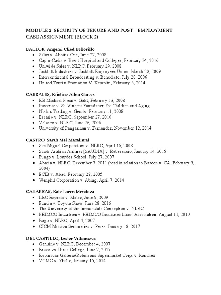 Module 2. Security of Tenure and Post Employment Case Assignment