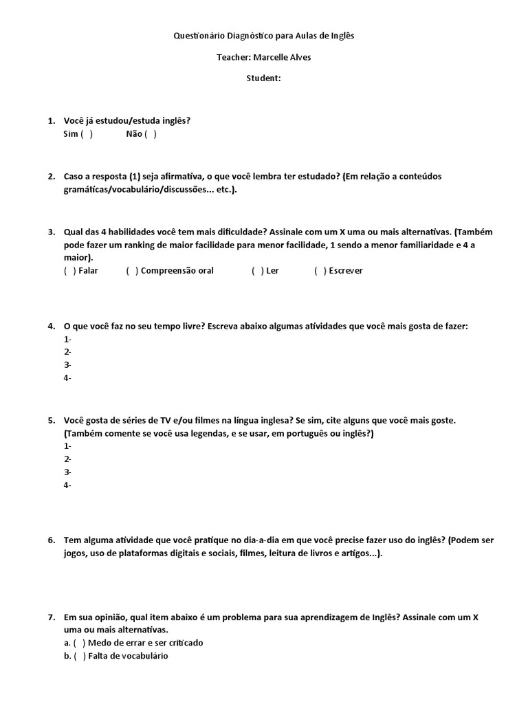 Questionário Diagnóstico de Inglês | PDF | Língua inglesa | Comunicação