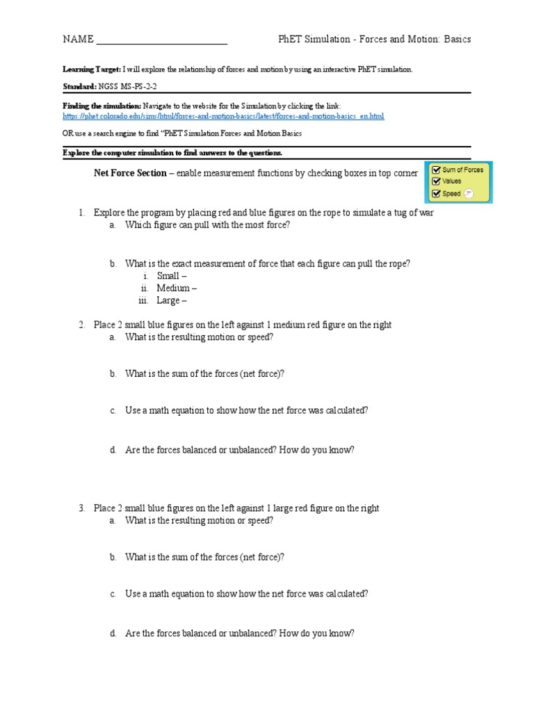 Phet Simulation Forces And Motion Basics Answer Key Pdf
