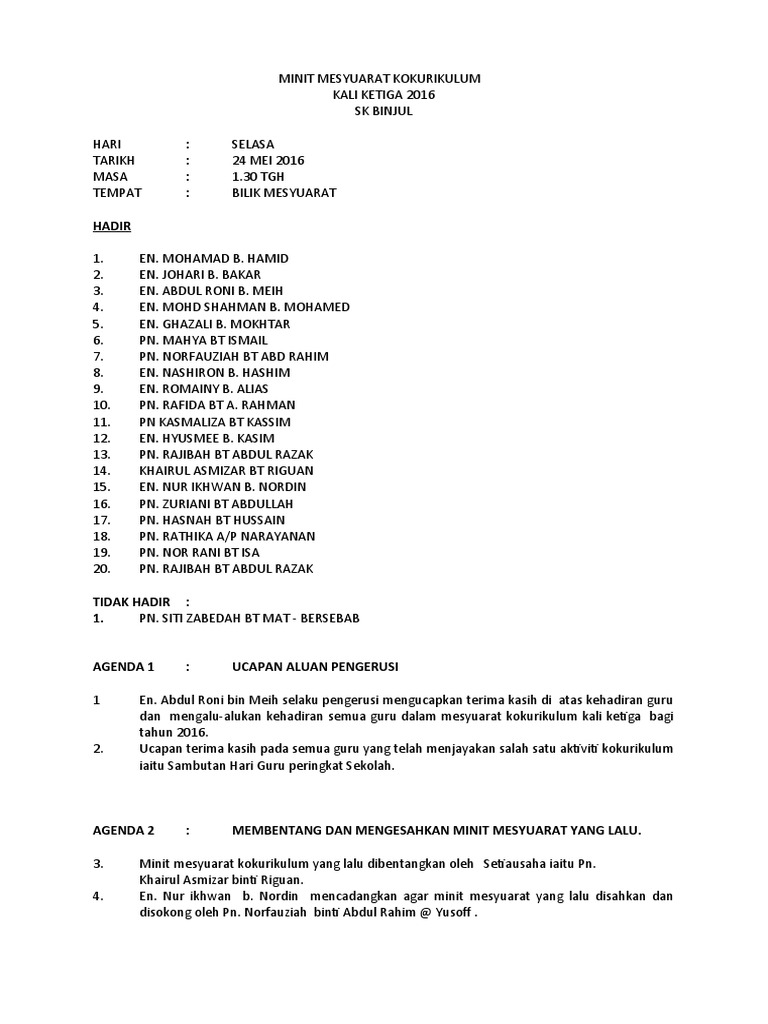 Minit Mesyuarat Kokurikulum Kali Ketiga 2016 Pdf