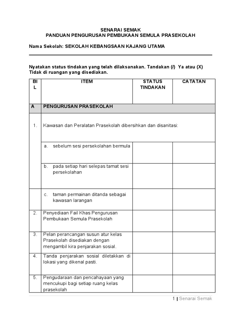 Senarai Semak Pengurusan Pembukaan Semula