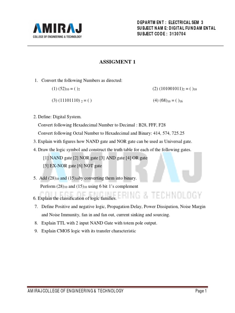 Assigment 1 Department Electrical Sem 3 Subject Name Digital