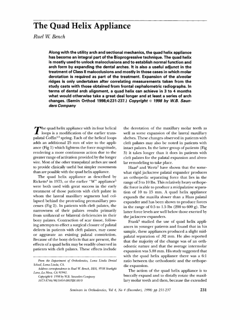 The Quad Helix Appliance: Ruel W. Bench | PDF | Orthodontics | Face