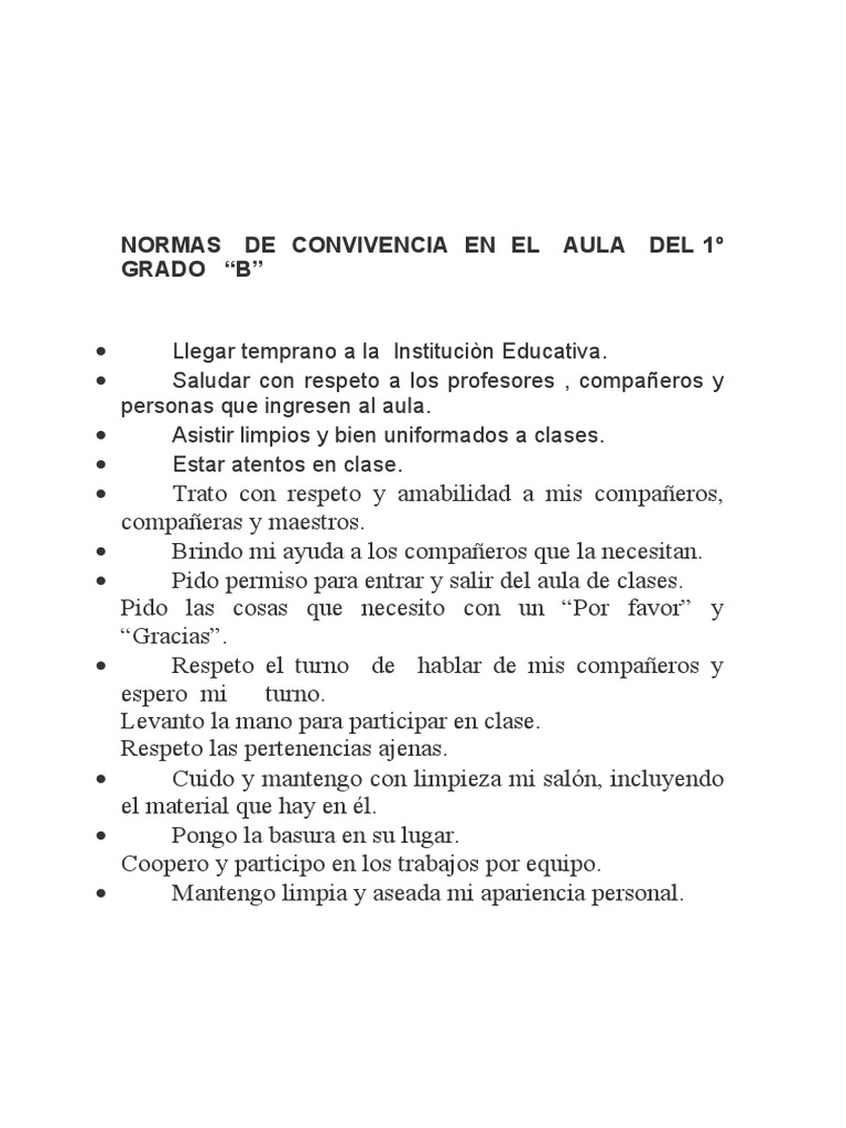 Normas de Convivencia en El Aula Del 1º Grado | PDF