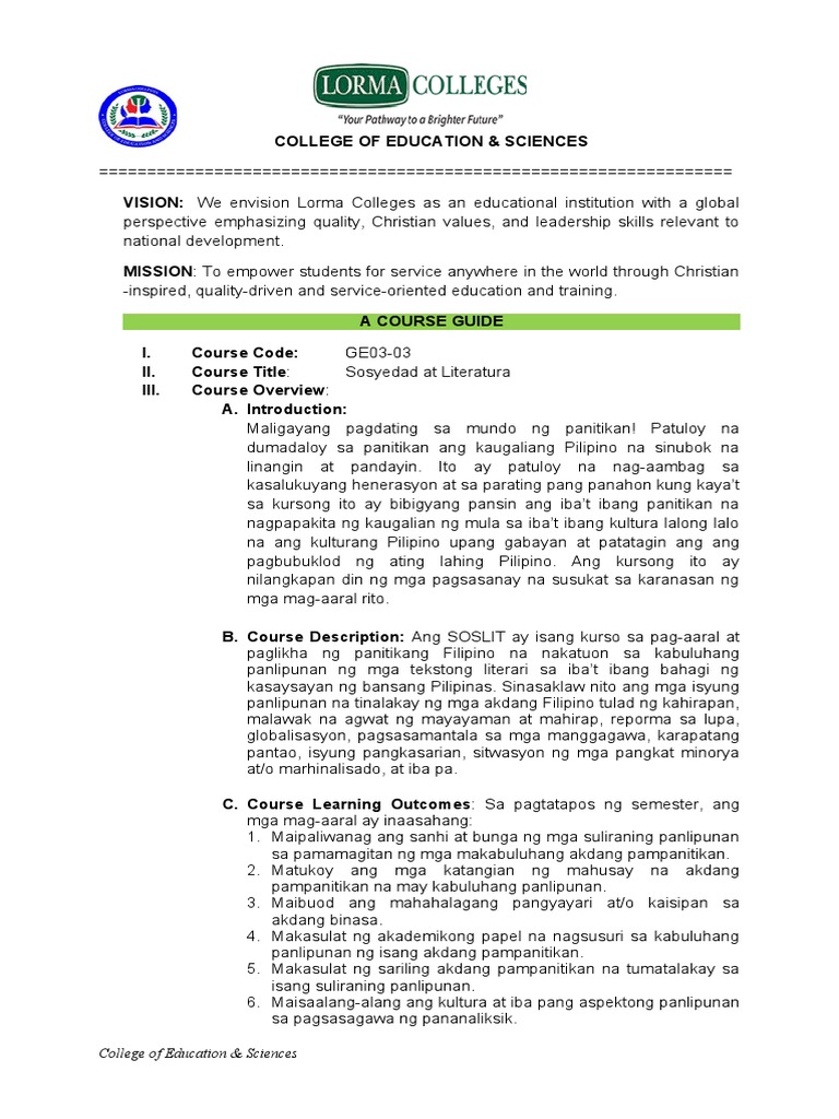 Course Learning Packet (Soslit-Mls2-01) | PDF