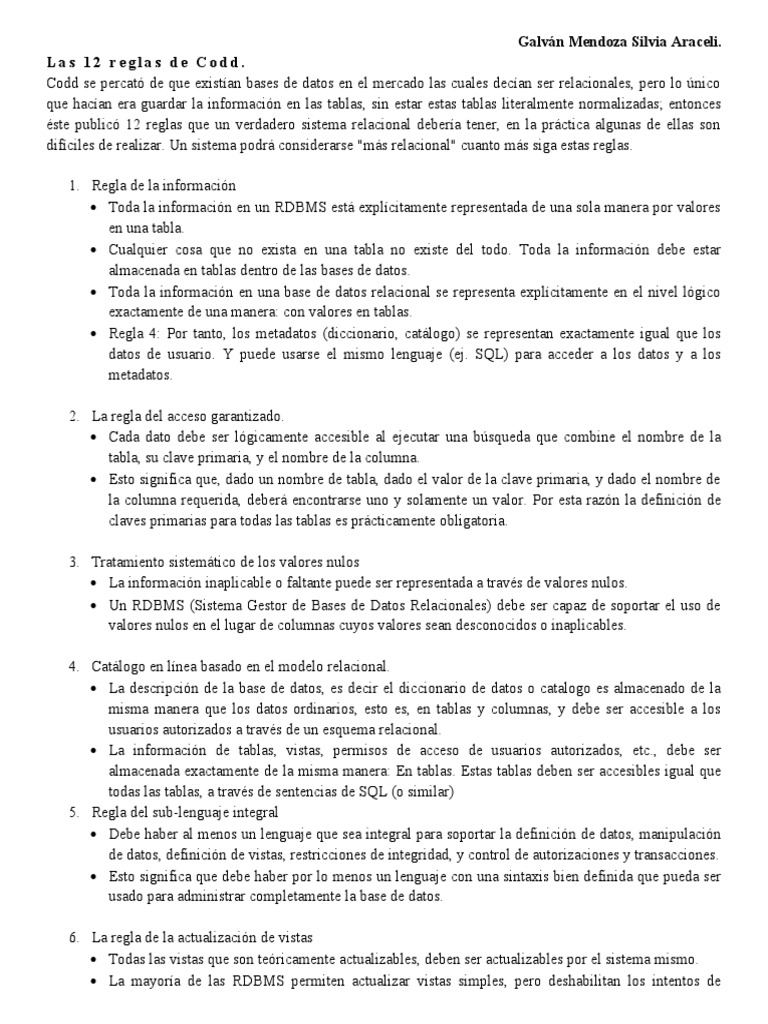 Las 12 Reglas de Codd. | PDF | Base de datos relacional | Bases de datos