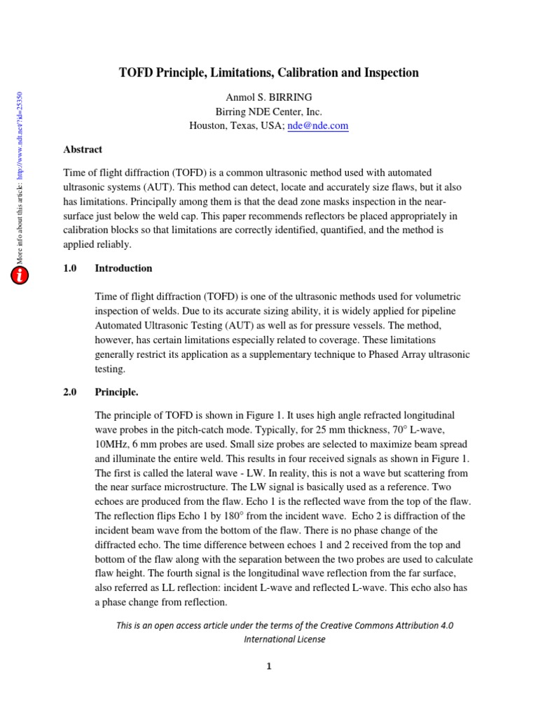 TOFD Ultrasonic Testing: Principles & Limits | PDF | Reflection ...
