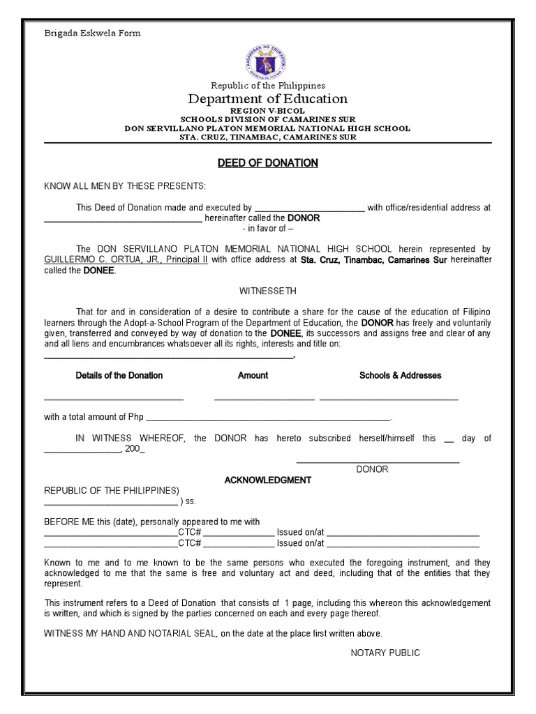 DEED OF DONATIONBrigada Eskwela PDF Real Property Law Real