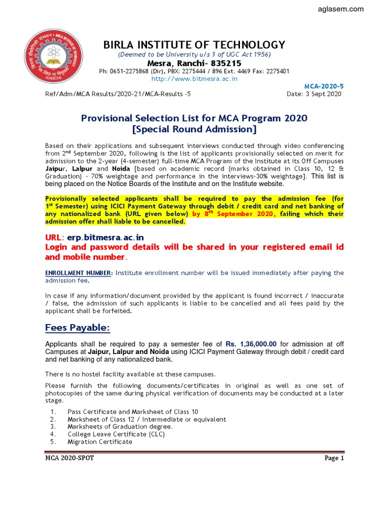 BIT Mesra MCA 2020 Admission Results | PDF | University And College ...