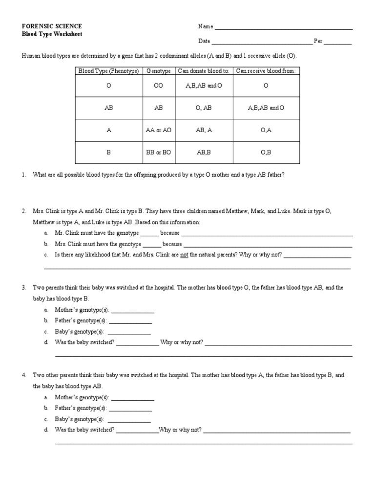 Forensic Science Blood Type Worksheet PDF Dominance