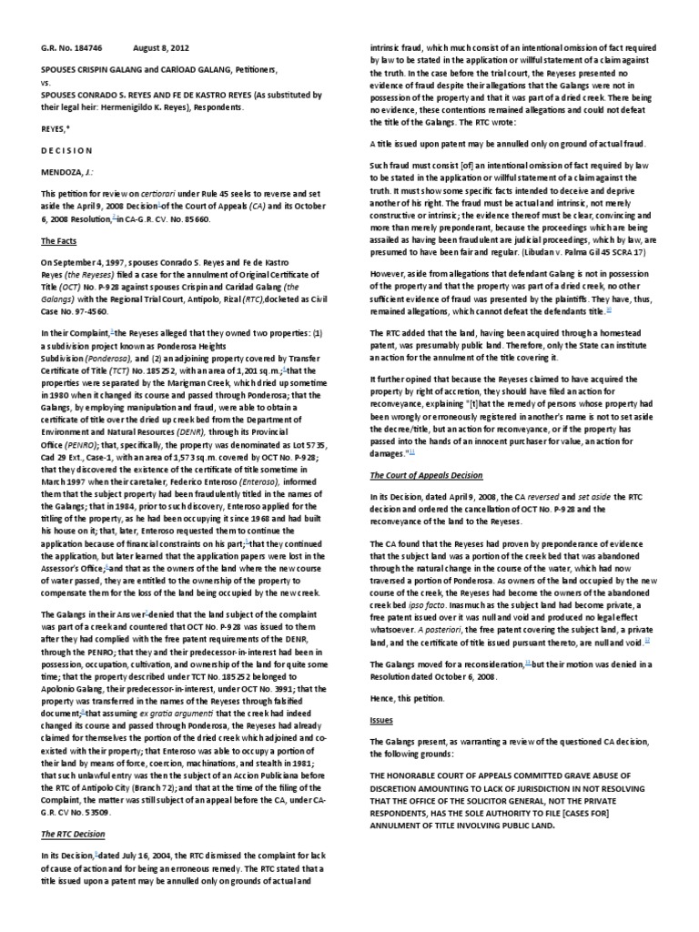 Galang vs. Reyes: Title Annulment Case | PDF | Pleading | Complaint