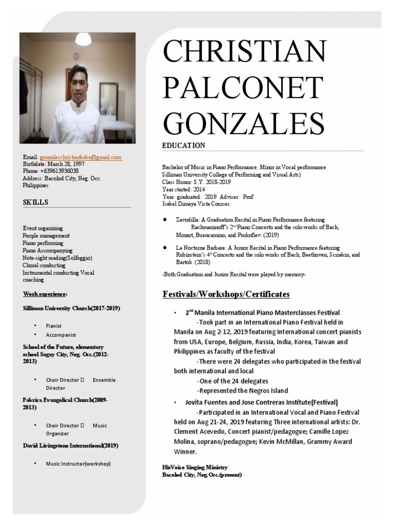 Resume For Online Piano Job PDF Choir Concert