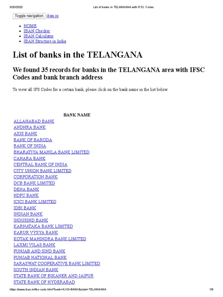 Telangana Banks and IFSC Codes List | PDF | Institutional Investors | Banks