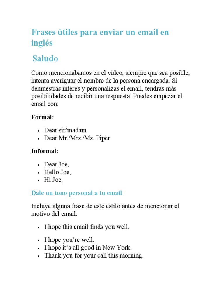 Frases Útiles para Enviar Un Email en Inglés | PDF