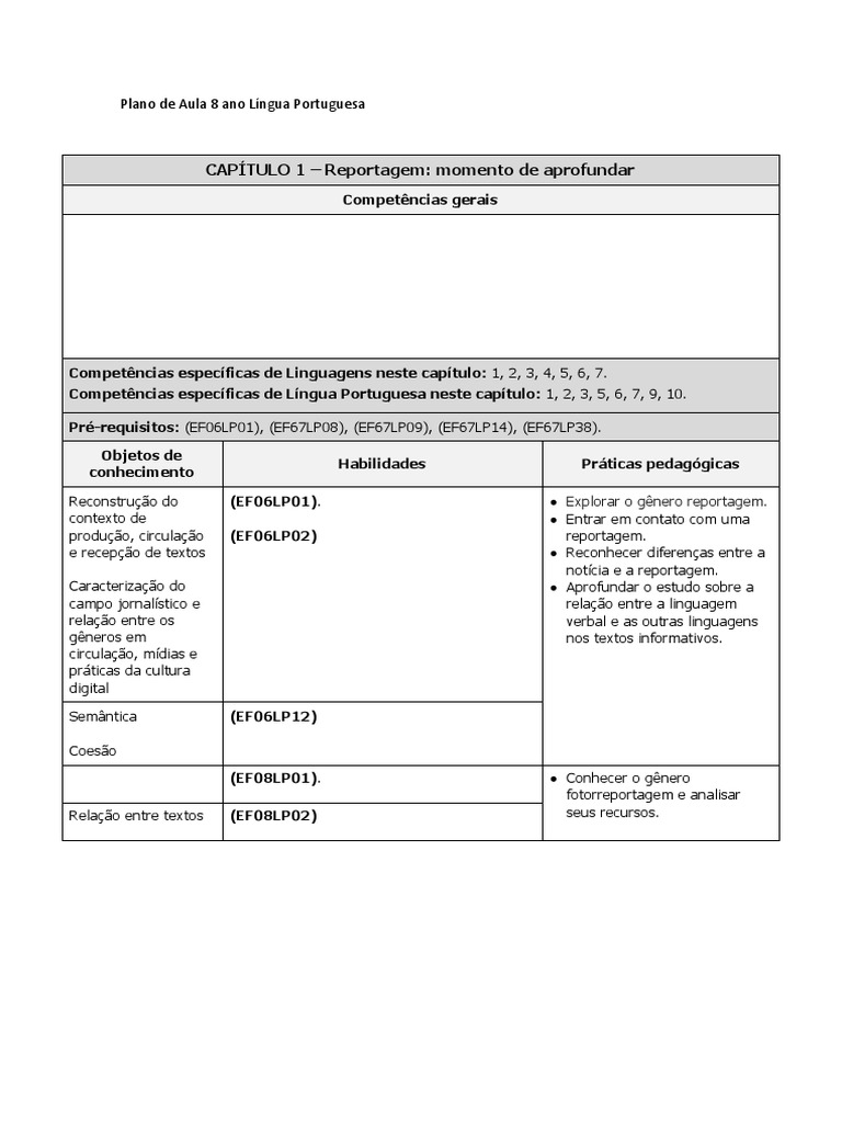 Plano de Aula 8 Ano Língua Portuguesa | Download grátis PDF ...