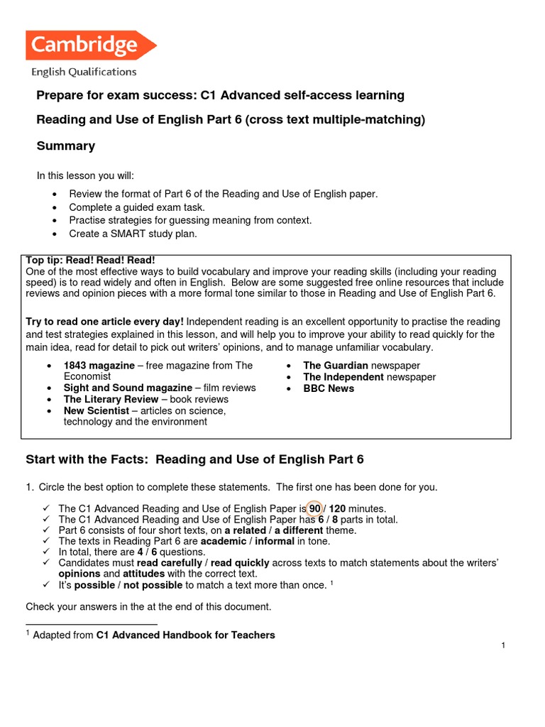 Reading Part 6 Cross Text Multiple Matching PDF | PDF | Question | Test ...
