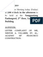 Consultative Meeting Agenda - Complaint Against Construction Firm
