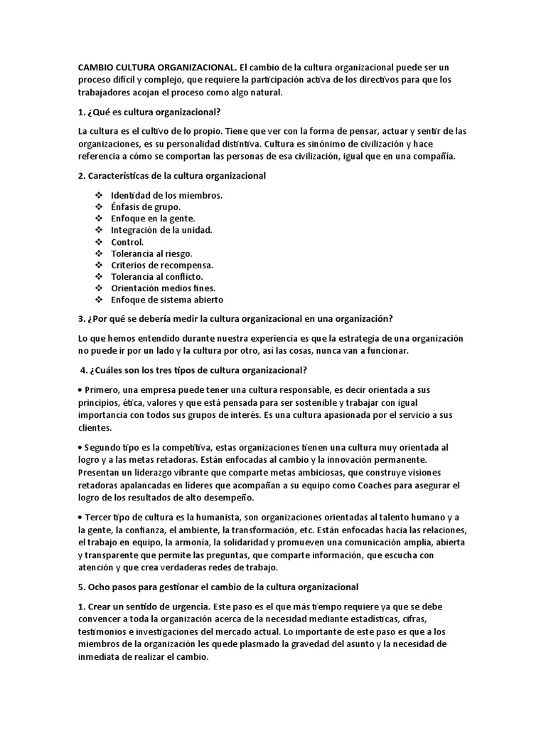 Cambio Cultura Organizacional | PDF | Sistema de informacion | Cultura ...