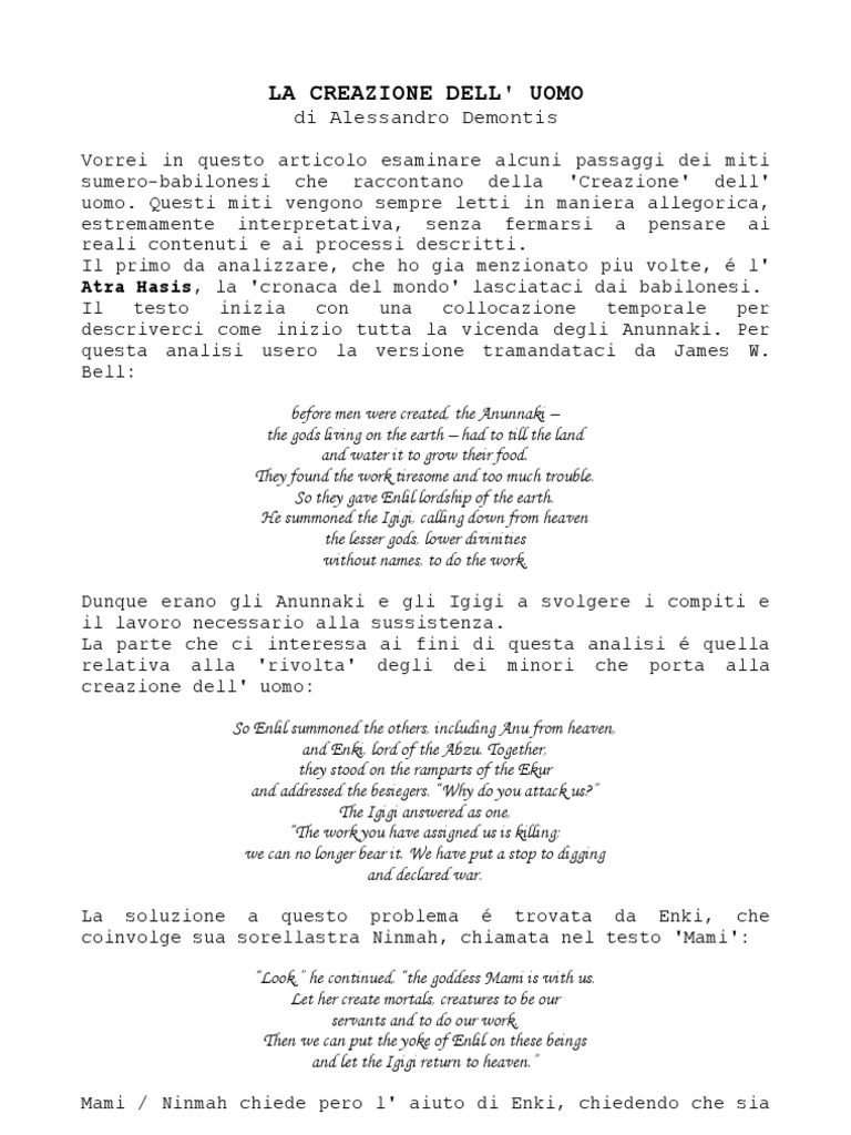 La Creazione Dell&rsquo; Uomo Secondo Sumeri e Babilonesi | PDF