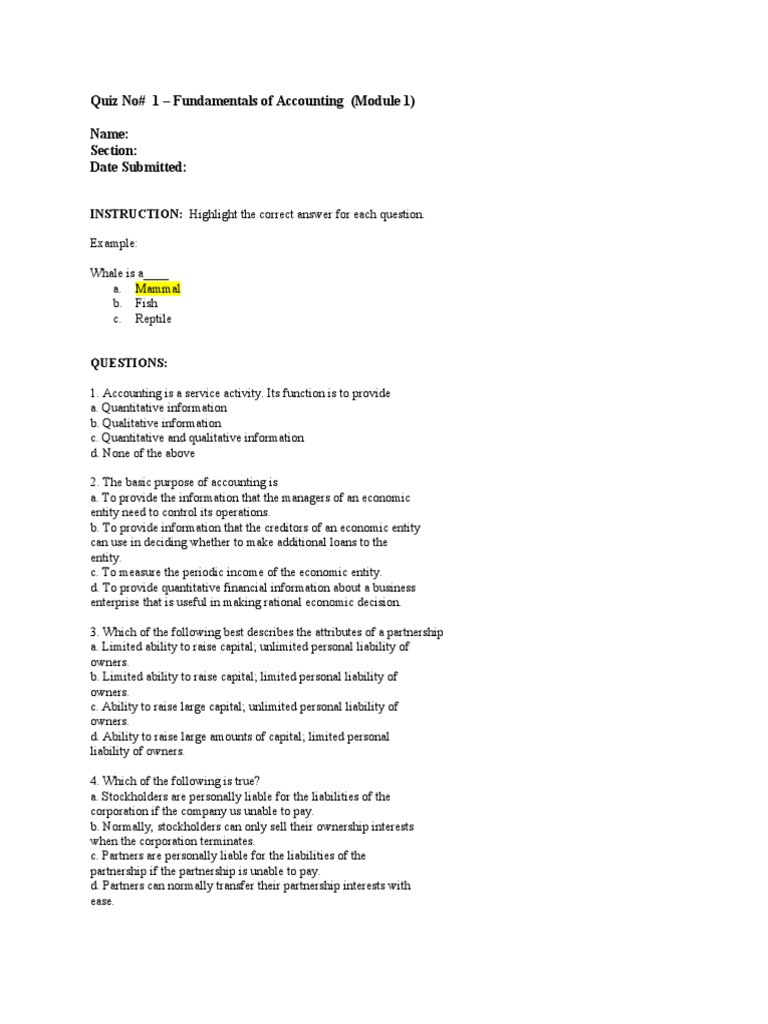 Accounting Fundamentals Quiz with Answers | PDF | Partnership | Accounting