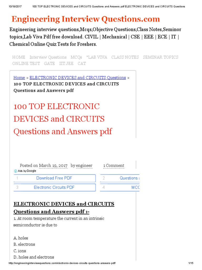 Top 100 Electronic Devices Questions | PDF | Field Effect Transistor ...