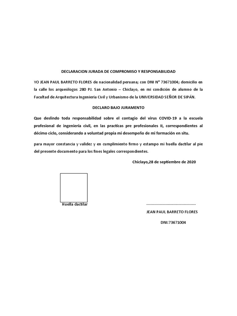 Declaracion Jurada de Compromiso y Responsabilidad | PDF