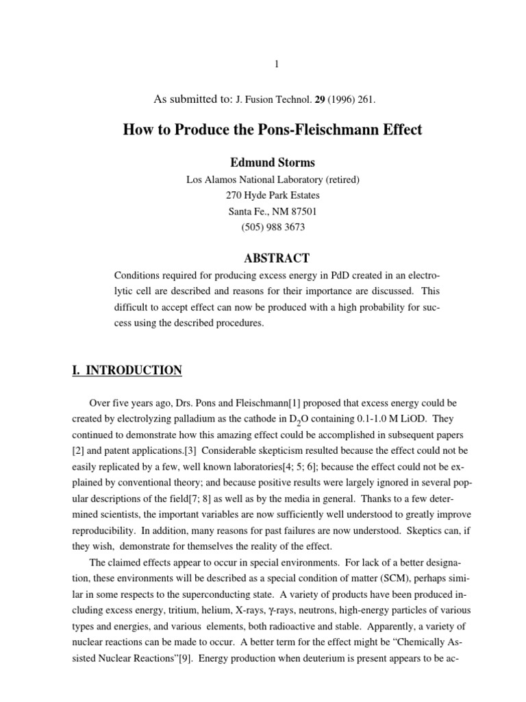 How To Produce The PonsFleischmann Effect PDF Chemistry Physical