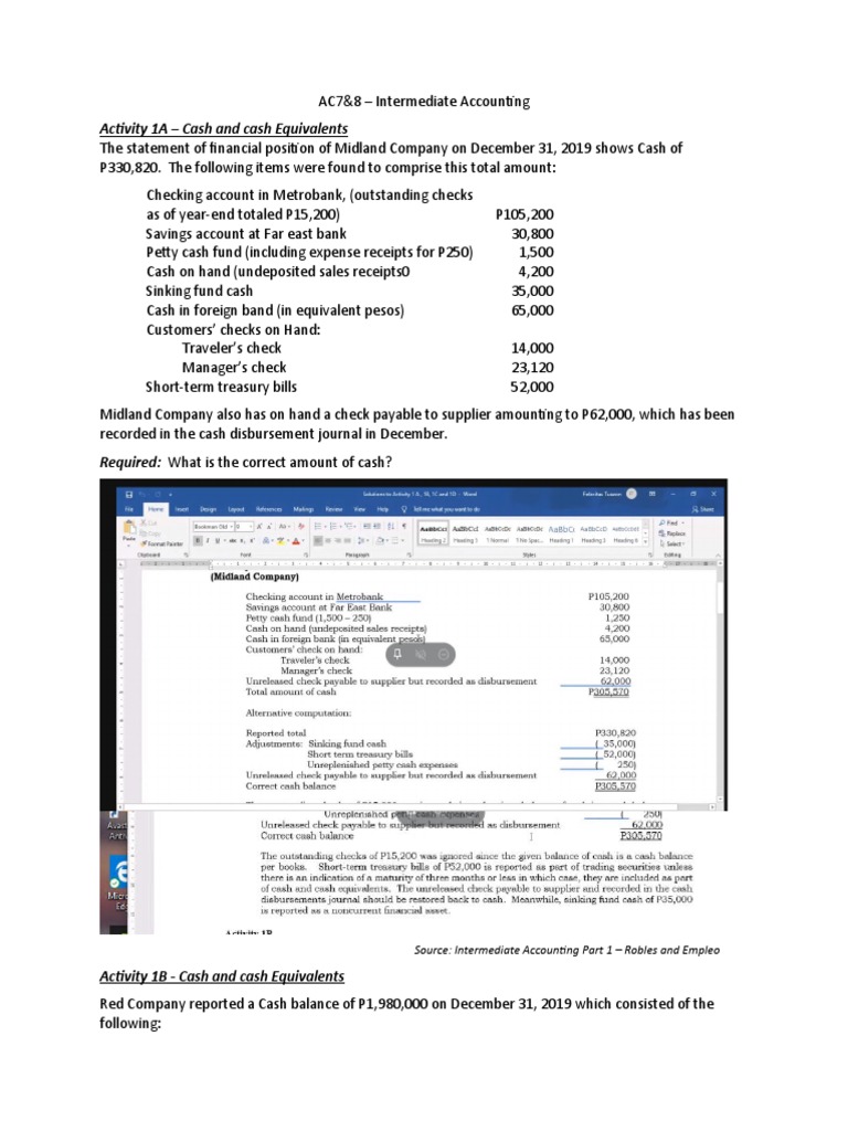 Activity 1 Cash and Cash Equivalents PDF Cash And Cash