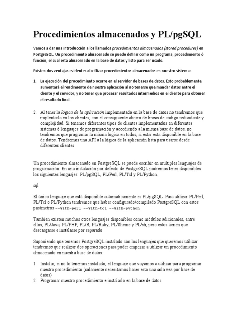 Procedimientos Almacenados y PL Funciones | PDF | Lenguaje de ...