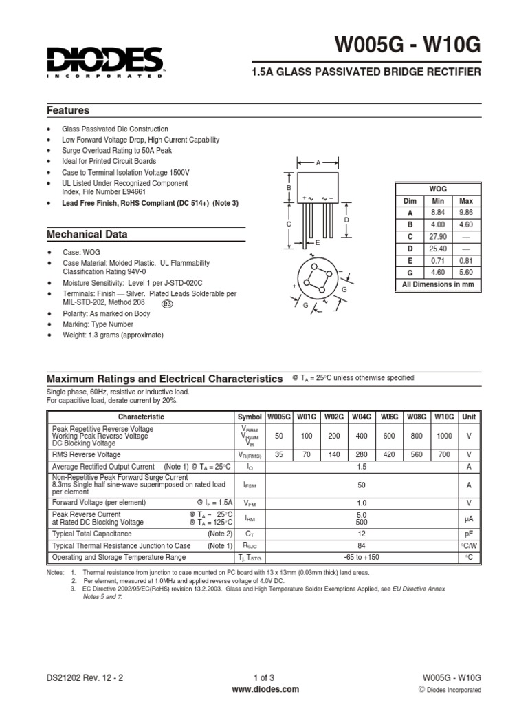 W005G-W10G Bridge Rectifier Datasheet | PDF | Rectifier | Capacitor