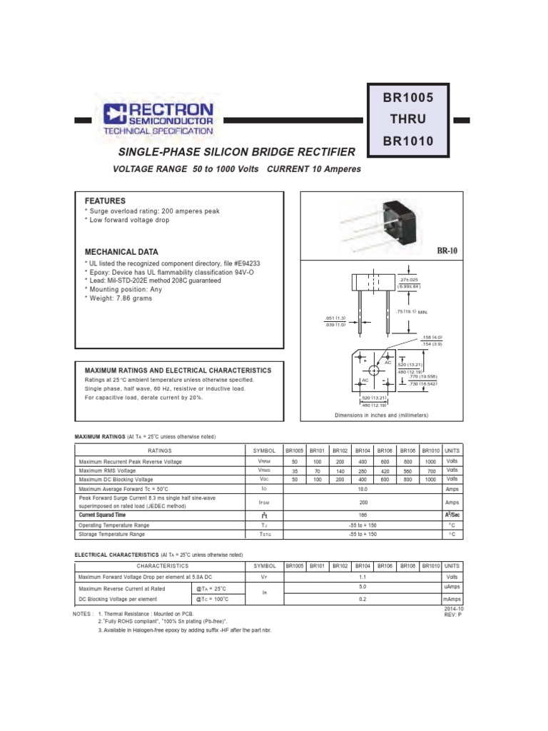 BR1010 Bridge Rectifier Specifications | PDF | Rectifier | Alternating ...