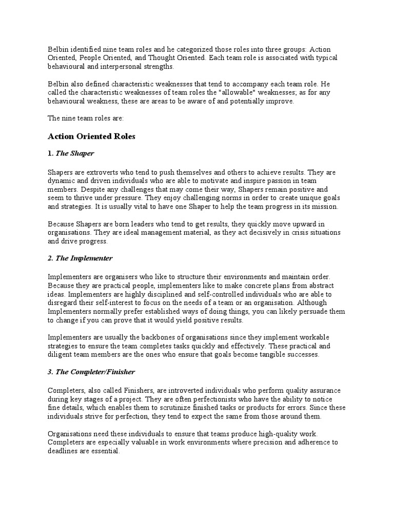 Belbin's Nine Team Roles Explained | PDF | Expert | Extraversion And ...