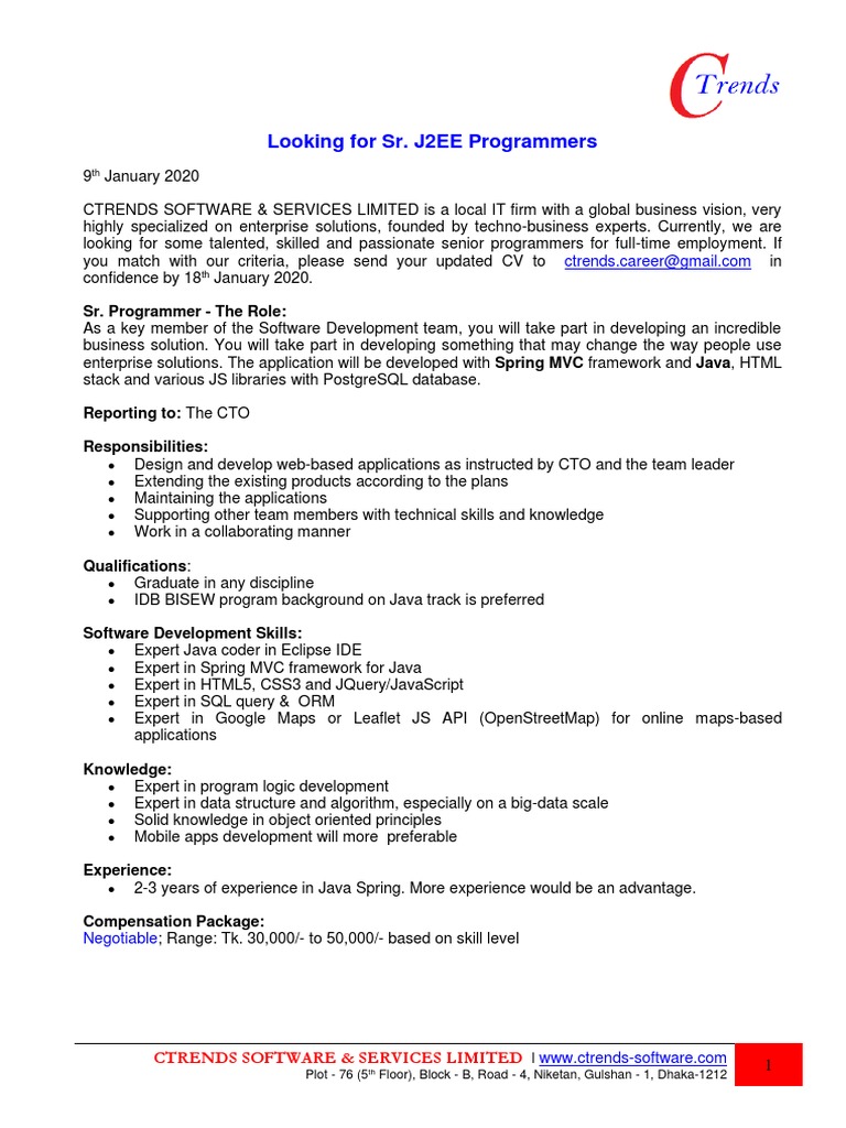 Senior J2EE Programmer Job Opening | PDF | Computers