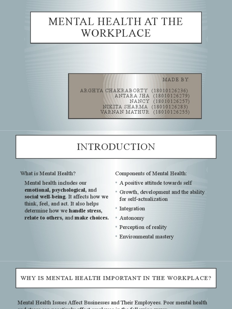 Mental Health at The Workplace | PDF | Mental Health | Mental Disorder