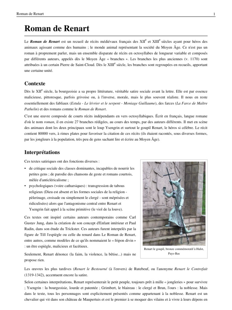 Le Roman De Renart Résumé 6eme