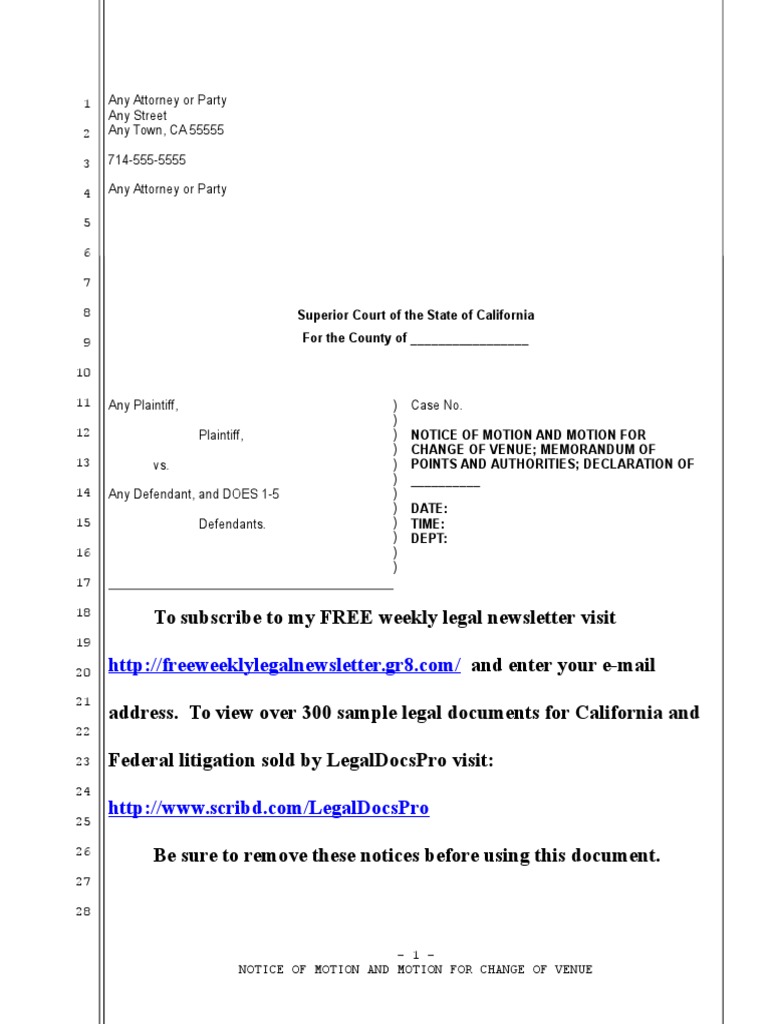 Sample motion for change of venue under code of civil procedure section