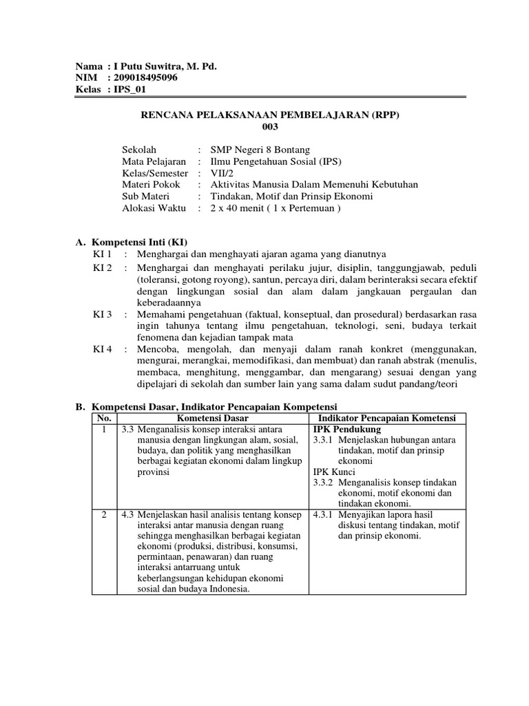 RPP 3 Tindakan, Motif Dan Prinsip Ekonomi | PDF