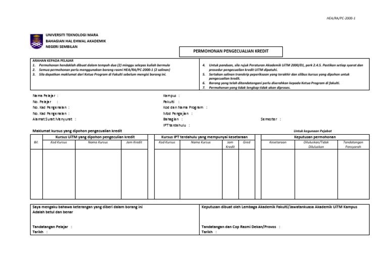 Borang Permohonan Pengecualian Kredit Pdf