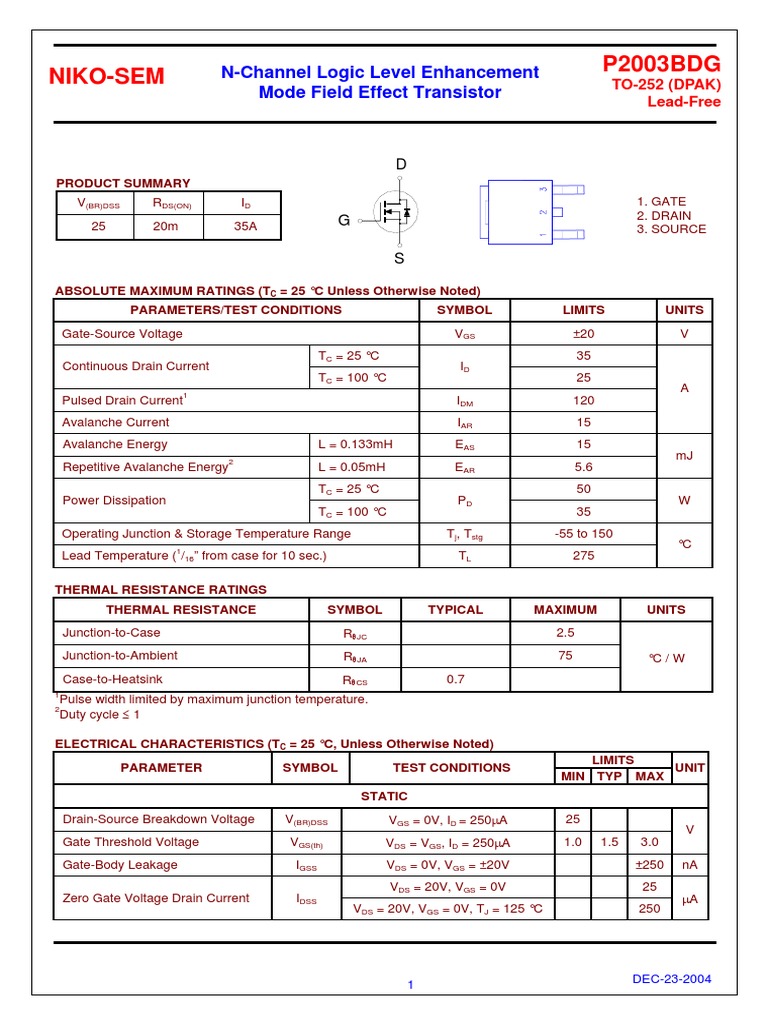 P2003BDG Niko-Sem: N-Channel Logic Level Enhancement Mode Field Effect ...